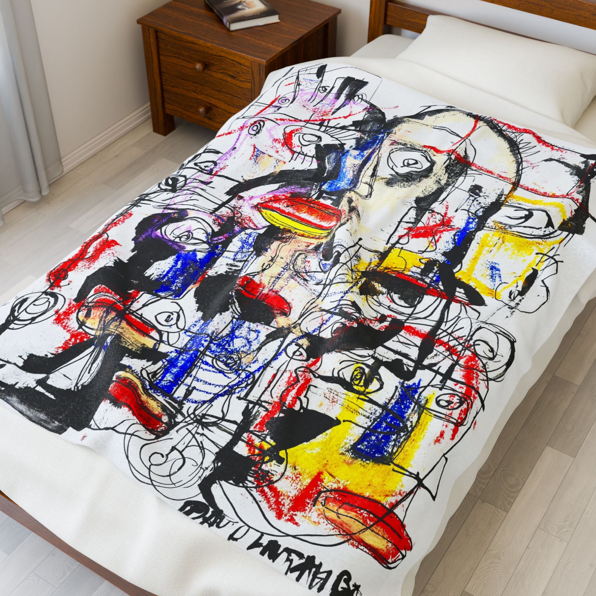 Abstract Faces Velveteen Plush Blanket – Colorful Expressionist Throw for Living Room, Art Lovers & Gift Giving