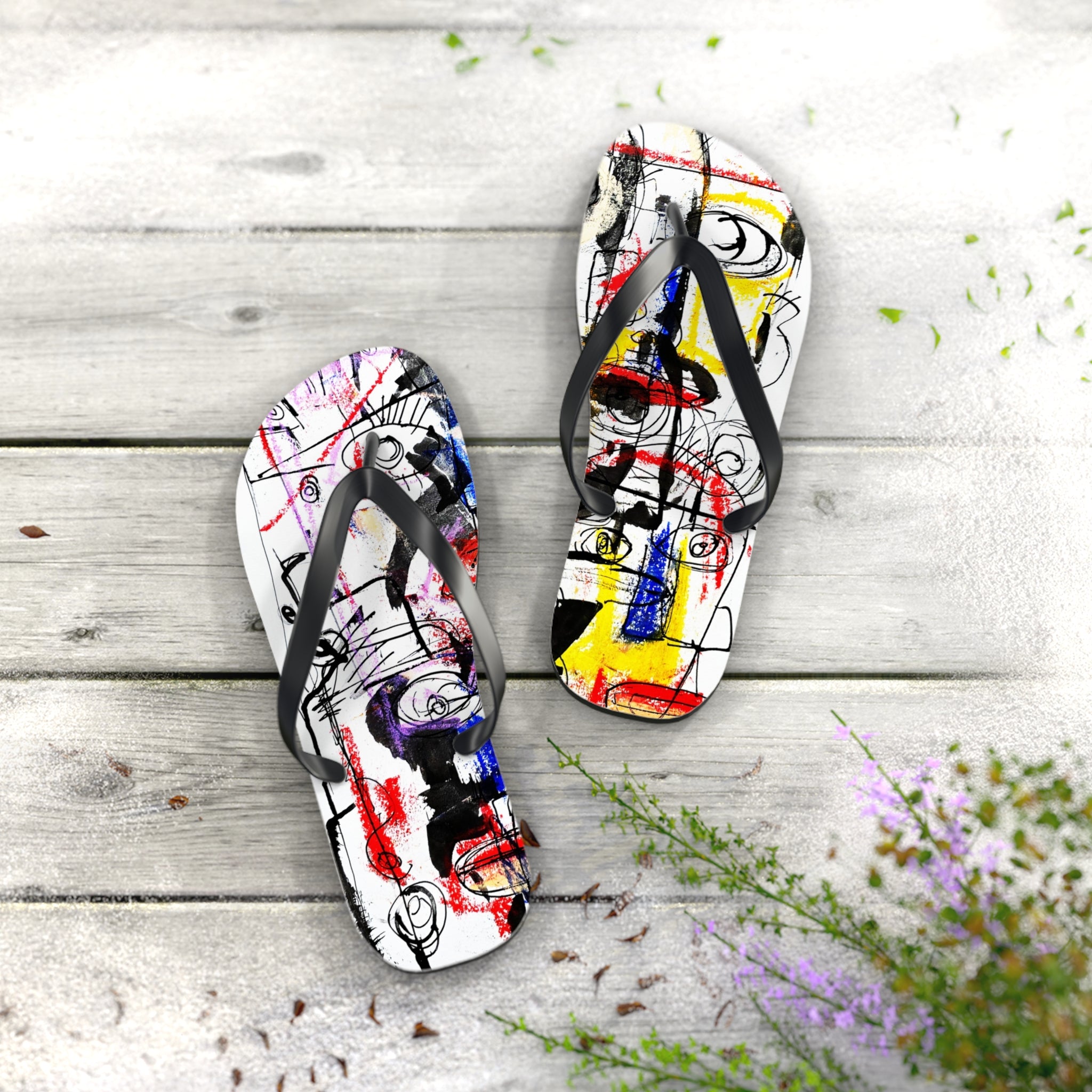 Abstract Art Flip Flops — Colorful Scribble Face Beach Sandals